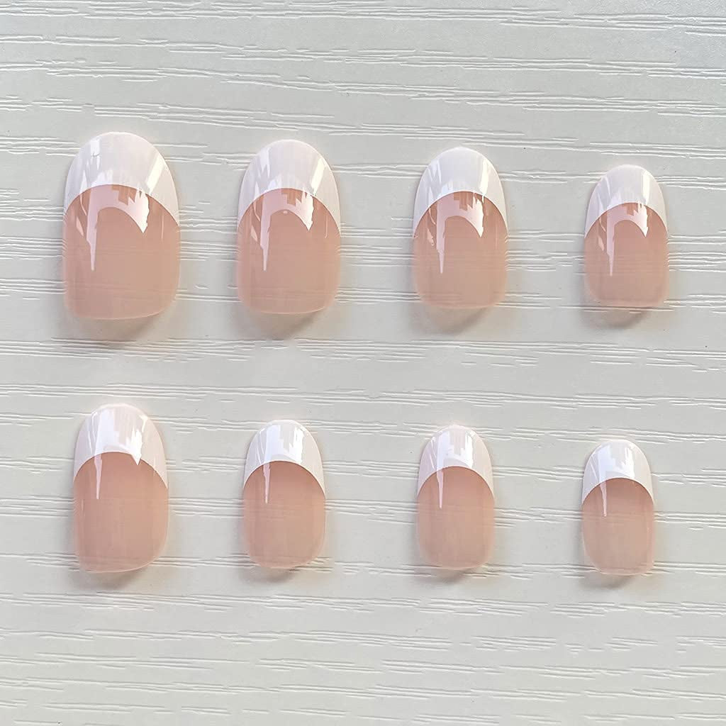 French Press on Nails Oval Glossy Fake Nails Short White False Nails Full Cover Prom Nails for Women and Girls 24Pcs/Set