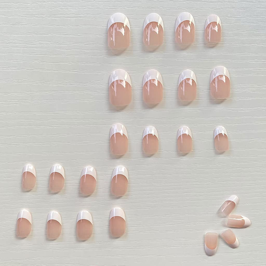 French Press on Nails Oval Glossy Fake Nails Short White False Nails Full Cover Prom Nails for Women and Girls 24Pcs/Set