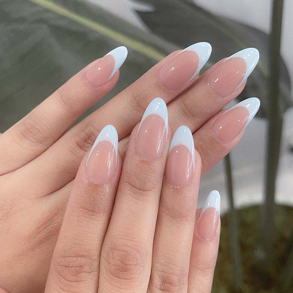 French Press on Nails Oval Glossy Fake Nails Short White False Nails Full Cover Prom Nails for Women and Girls 24Pcs/Set