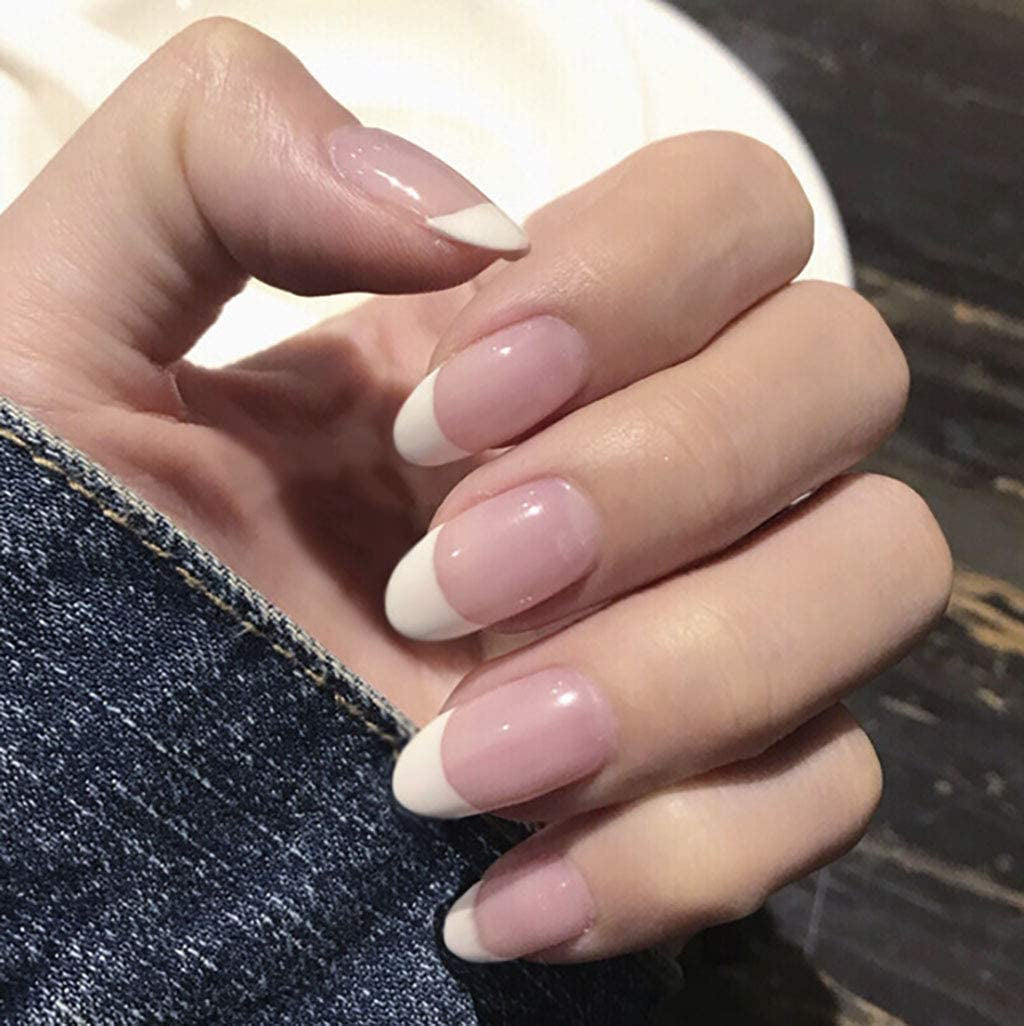 French Press on Nails Oval Glossy Fake Nails Short White False Nails Full Cover Prom Nails for Women and Girls 24Pcs/Set